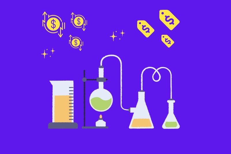An engaging visual depicting a laboratory setting for 'Experiments in Pricing,' featuring an array of beakers and test tubes amidst a scientific backdrop. Prominently displayed are various sizes of yellow dollar icons, symbolizing different pricing strategies being tested. 