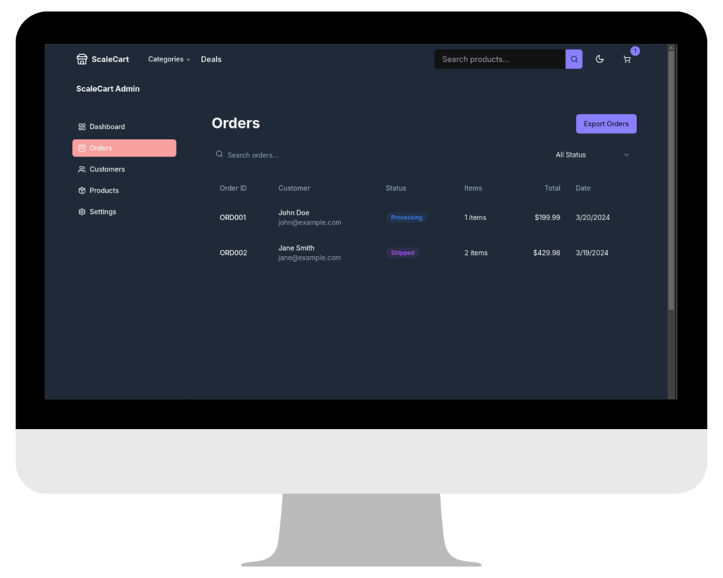 Modern e-commerce dashboard on a computer screen, showing order and customer management.