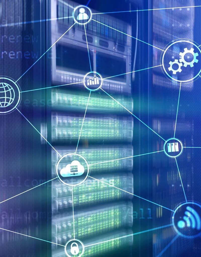 Server racks connected through a network of digital icons, representing scalable and cloud-based digital infrastructure.