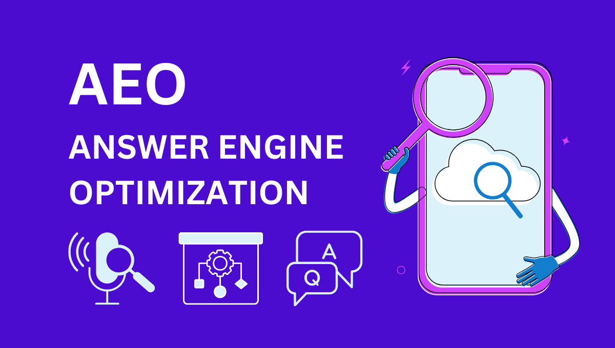 Answer Engine Optimization (AEO) concept illustration showing voice search, AI processing, and Q&A elements with a magnifying glass searching through cloud data